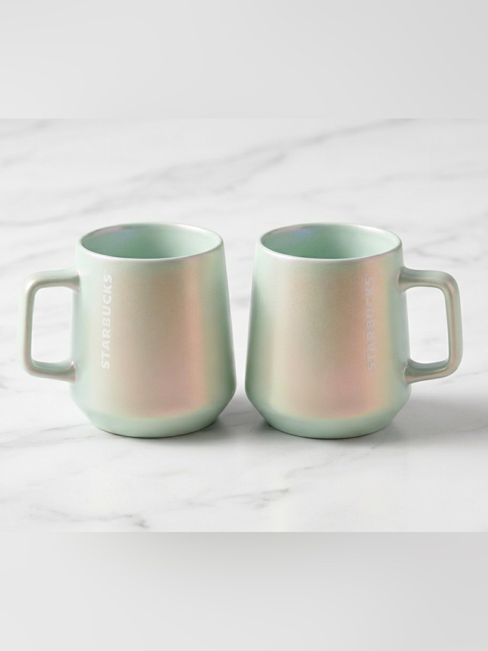 NWT Starbucks Iridescent Mint Green Shimmer Ceramic Mug Set 2 12 oz Winter 2021